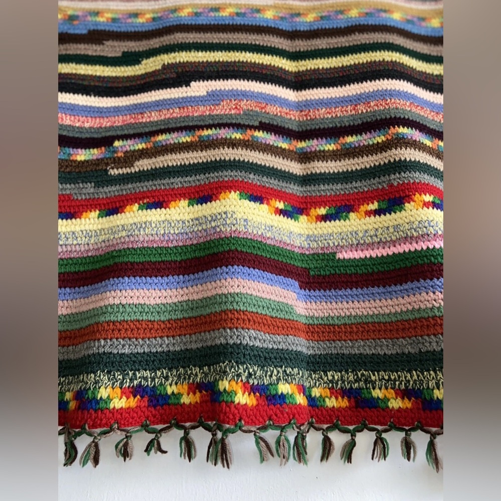 Vintage Hand Crocheted Cotton Afghan Throw Blanket  58”x 39”Multi Color